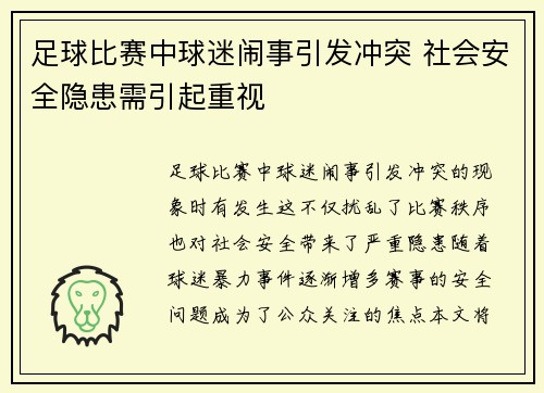 足球比赛中球迷闹事引发冲突 社会安全隐患需引起重视