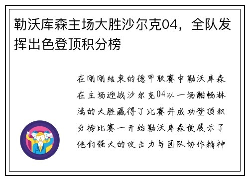 勒沃库森主场大胜沙尔克04，全队发挥出色登顶积分榜