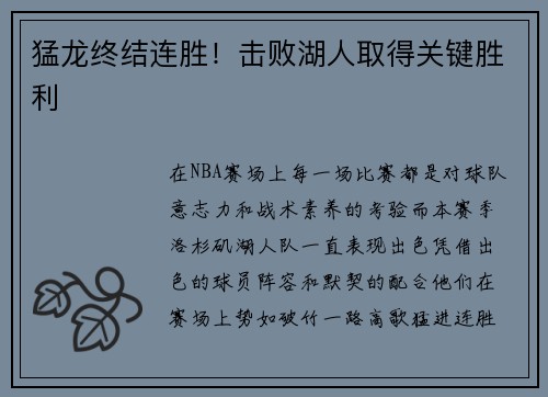 猛龙终结连胜！击败湖人取得关键胜利