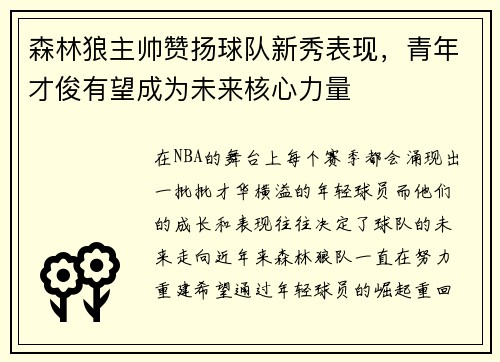 森林狼主帅赞扬球队新秀表现，青年才俊有望成为未来核心力量