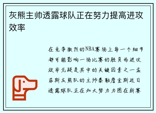 灰熊主帅透露球队正在努力提高进攻效率