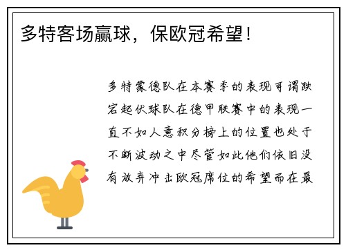 多特客场赢球，保欧冠希望！