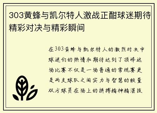 303黄蜂与凯尔特人激战正酣球迷期待精彩对决与精彩瞬间