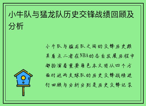 小牛队与猛龙队历史交锋战绩回顾及分析