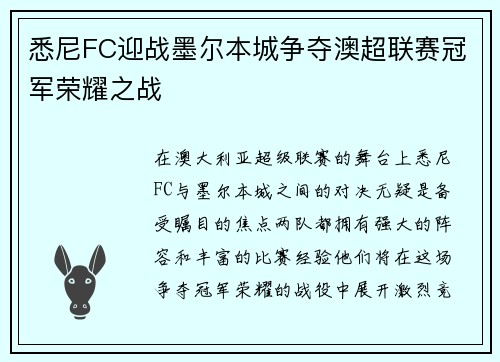 悉尼FC迎战墨尔本城争夺澳超联赛冠军荣耀之战