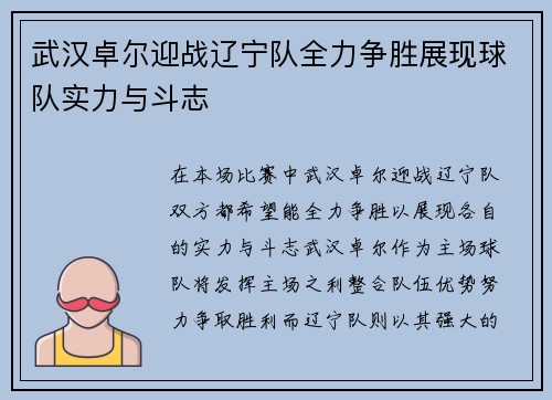 武汉卓尔迎战辽宁队全力争胜展现球队实力与斗志
