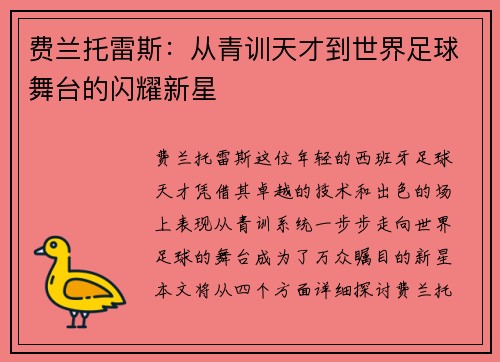 费兰托雷斯：从青训天才到世界足球舞台的闪耀新星