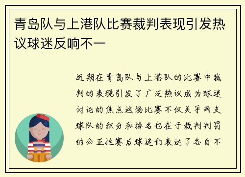 青岛队与上港队比赛裁判表现引发热议球迷反响不一