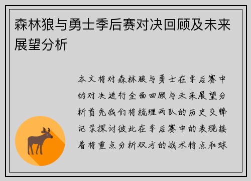 森林狼与勇士季后赛对决回顾及未来展望分析