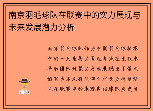 南京羽毛球队在联赛中的实力展现与未来发展潜力分析