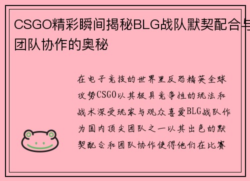CSGO精彩瞬间揭秘BLG战队默契配合与团队协作的奥秘