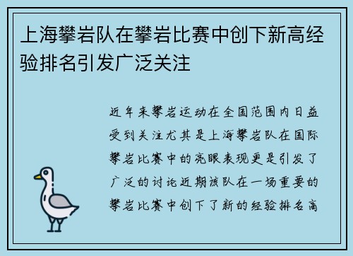 上海攀岩队在攀岩比赛中创下新高经验排名引发广泛关注
